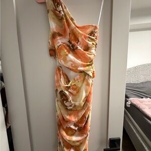 Chic One Shoulder Dress in Orange and Brown